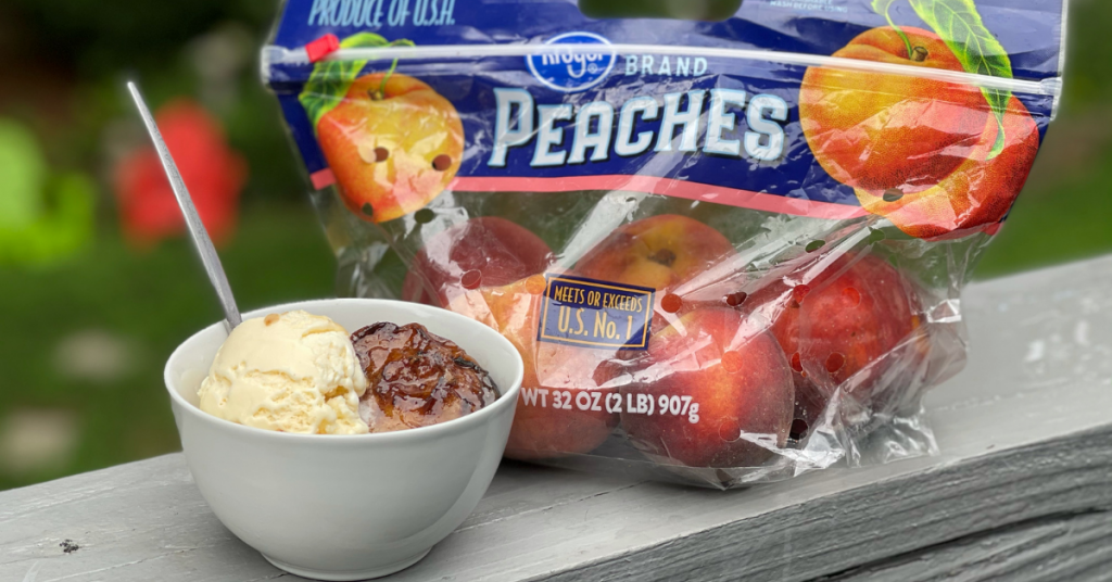 Recipes 10 a bowl with ice cream and grilled peaches beside a bag of peaches